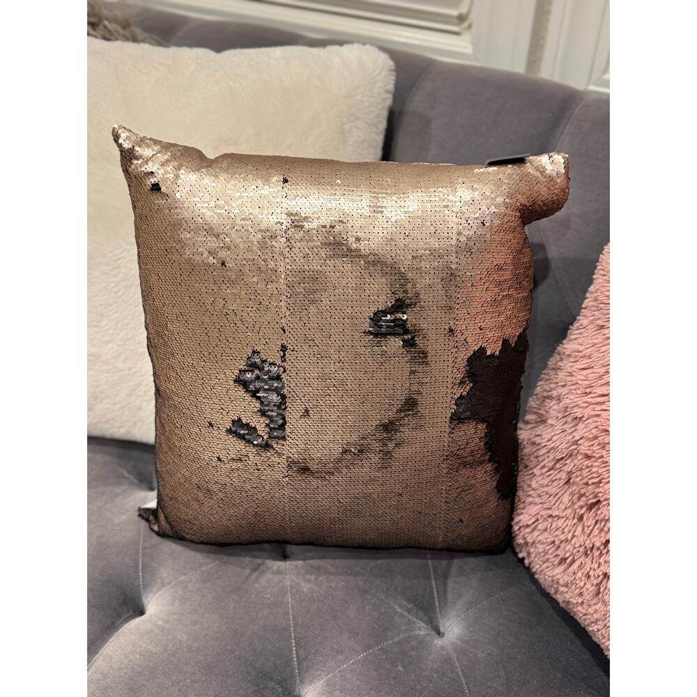 NEW in BOX Aviva Stanoff Mermaid Pillow 16" x 16" Champagne Gold Sequin & Satin
